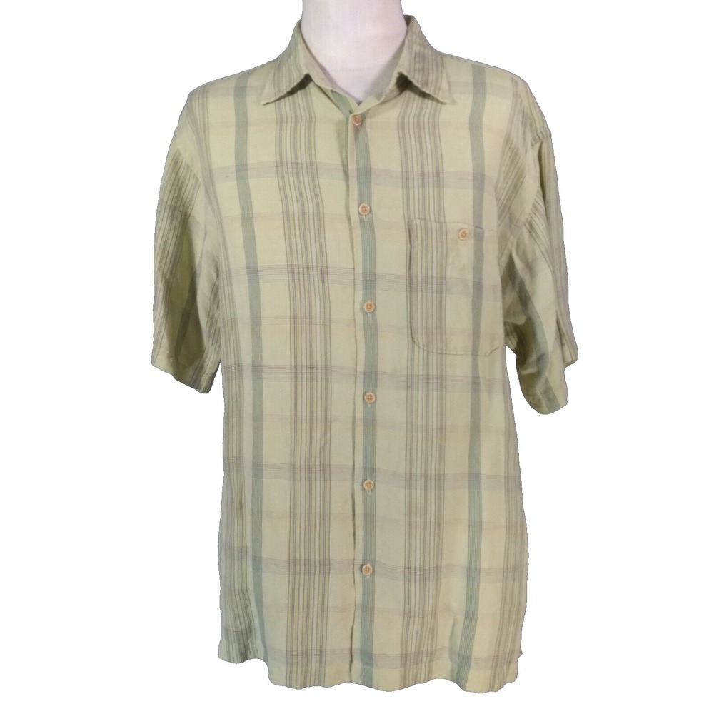 Geoffrey Beene Shirt Mens L Yellow Plaid Short Sleeve Linen Blend Button Up